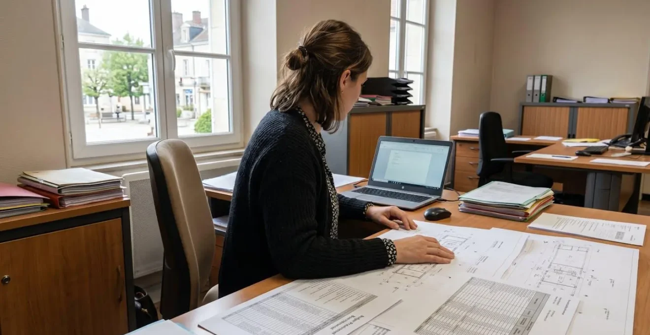 Personne de dos consultant des plans architecturaux et documents budgétaires dans un bureau municipal français avec éclairage naturel