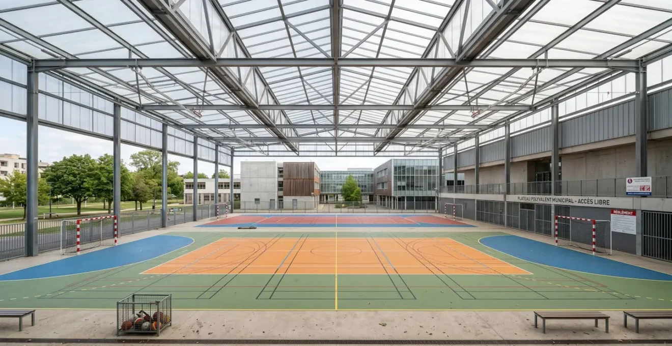 Terrain multisports couvert avec structure de toiture translucide et marquages au sol colorés, dans un environnement scolaire français contemporain