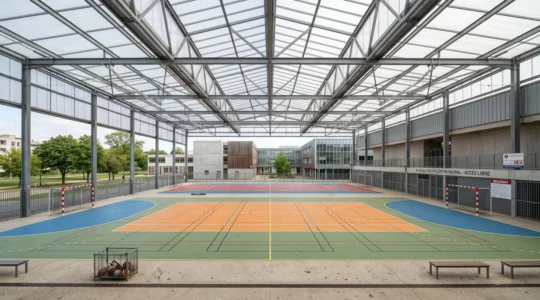 Terrain multisports couvert avec structure de toiture translucide et marquages au sol colorés, dans un environnement scolaire français contemporain