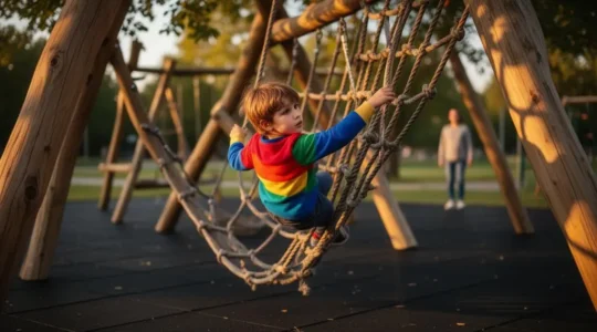 Enfant grimpant sur une structure de jeu en bois surplombant un sol amortissant, illustrant l'équilibre entre sécurité et prise de risque