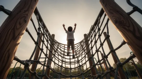 Un enfant grimpe avec concentration sur une structure de jeu en filet au sommet d'une aire de jeux urbaine, symbolisant la conquête de nouvelles capacités motrices