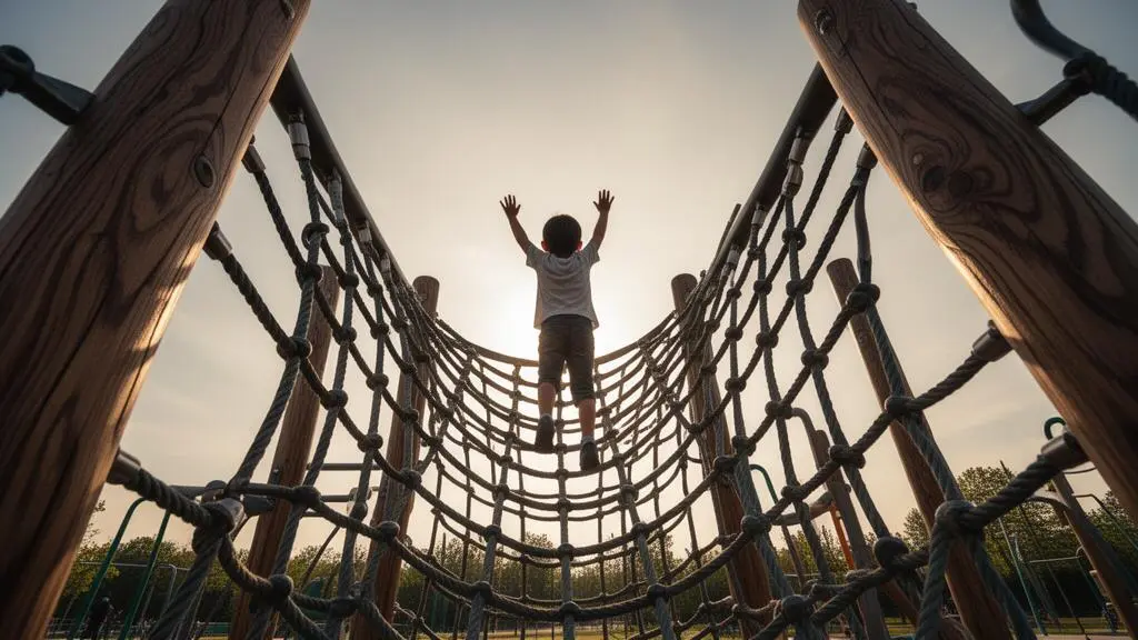 Un enfant grimpe avec concentration sur une structure de jeu en filet au sommet d'une aire de jeux urbaine, symbolisant la conquête de nouvelles capacités motrices