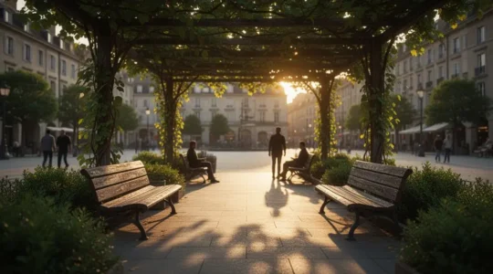 Zone de repos urbaine ombragée avec assises variées intégrées dans un espace public accessible