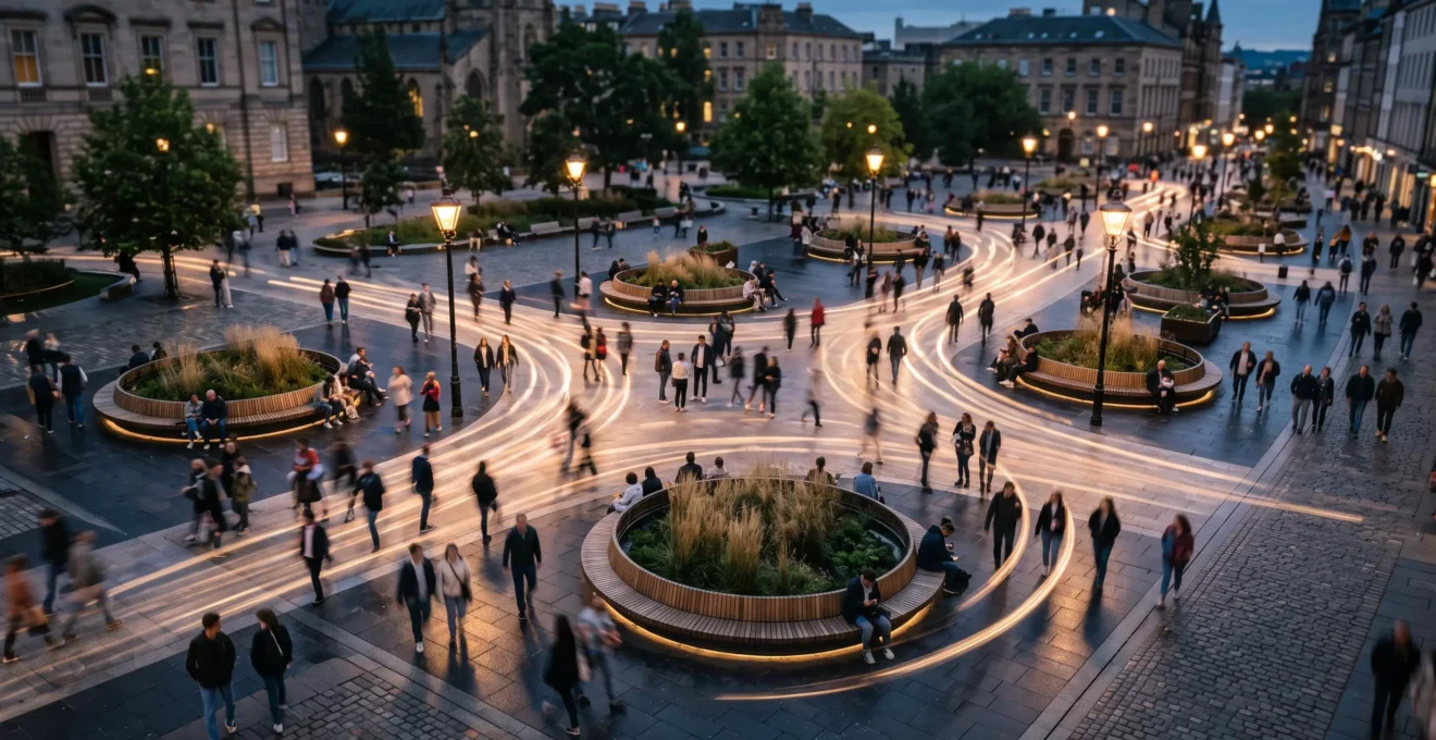 Vue aérienne d'une place urbaine où les trajectoires des piétons dessinent des lignes convergentes autour du mobilier urbain