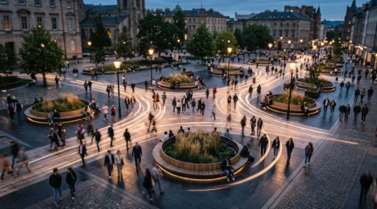 Vue aérienne d'une place urbaine où les trajectoires des piétons dessinent des lignes convergentes autour du mobilier urbain