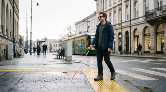 Une personne malvoyante traverse un passage piéton en s'appuyant sur sa canne blanche pour détecter une bande podotactile contrastée au sol