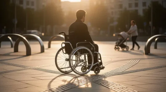 Personne en fauteuil roulant utilisant un cheminement urbain accessible bordé de mobilier adapté au coucher du soleil