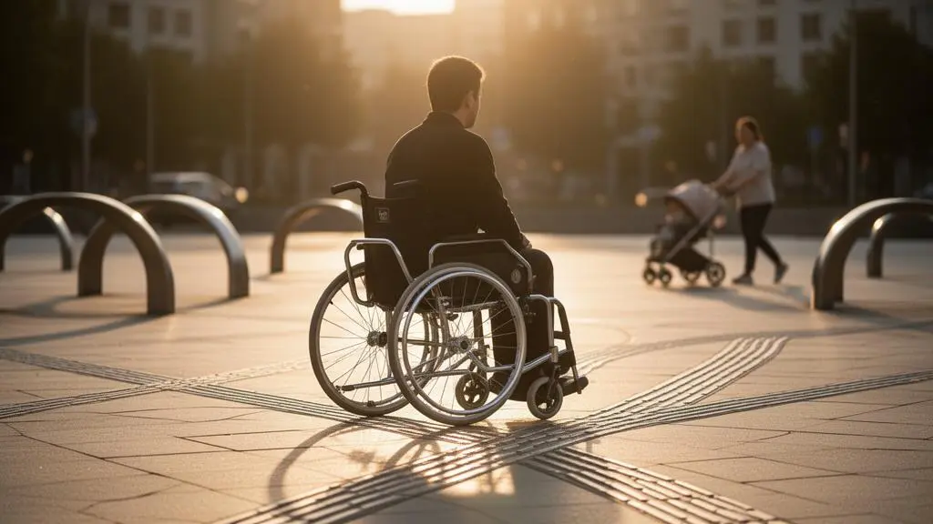 Personne en fauteuil roulant utilisant un cheminement urbain accessible bordé de mobilier adapté au coucher du soleil
