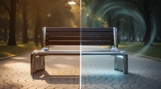 Un banc urbain moderne installé dans un parc, illustrant la question de la vraie valeur d'usage du mobilier innovant