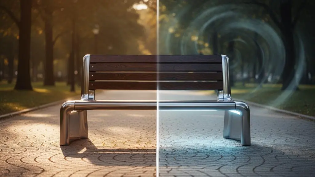 Un banc urbain moderne installé dans un parc, illustrant la question de la vraie valeur d'usage du mobilier innovant