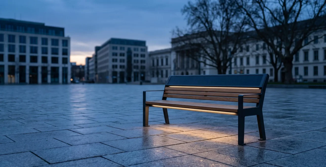 Banc solaire connecté intégré harmonieusement dans une place publique animée au crépuscule