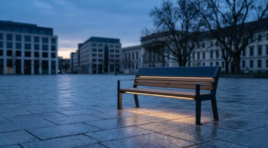 Banc solaire connecté intégré harmonieusement dans une place publique animée au crépuscule