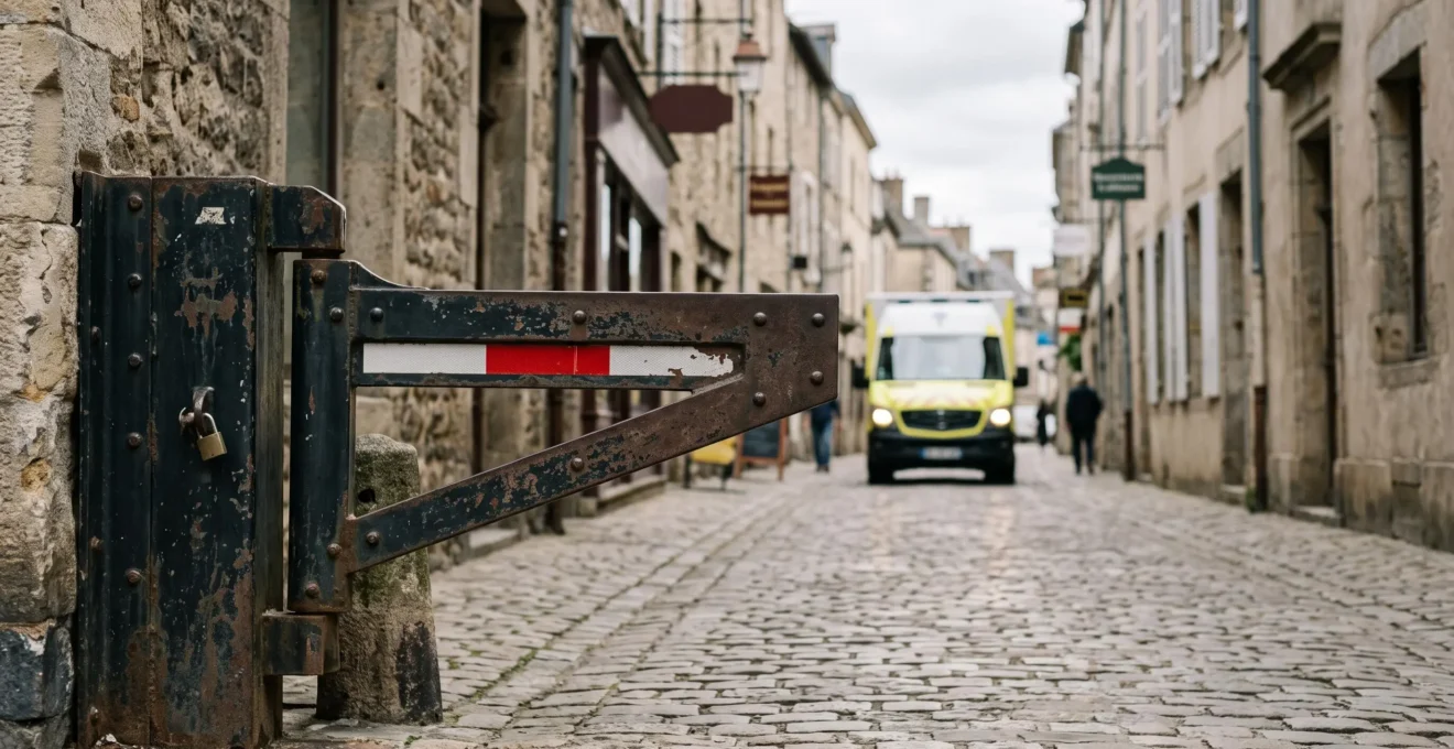 Barrière pivotante en acier sécurisant l'entrée d'une zone piétonne européenne, avec un passage libre pour un véhicule de secours