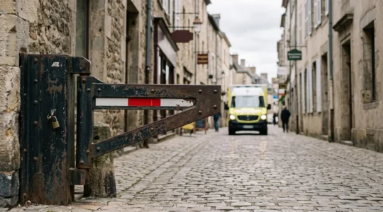 Barrière pivotante en acier sécurisant l'entrée d'une zone piétonne européenne, avec un passage libre pour un véhicule de secours