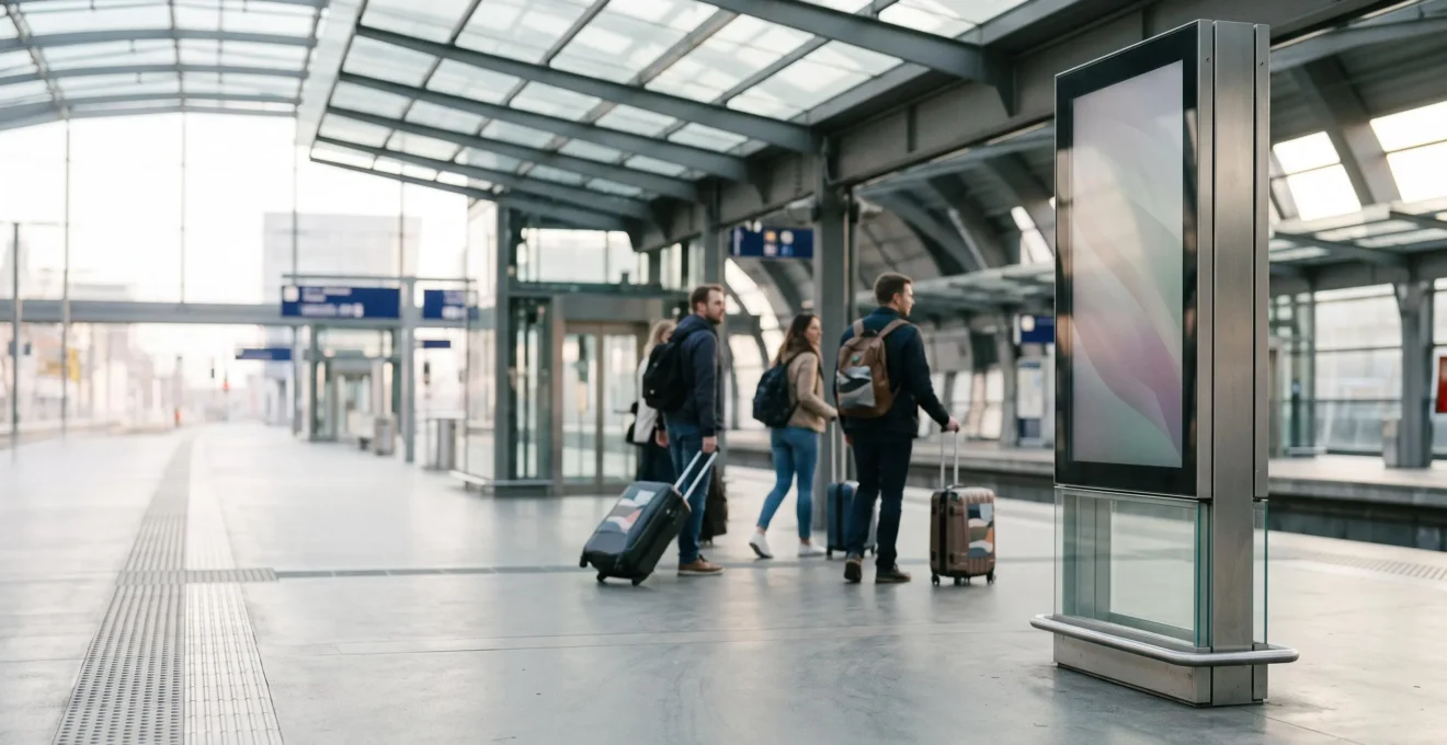 Borne digitale d'information voyageurs installée sur un quai de gare moderne, entourée de voyageurs en attente