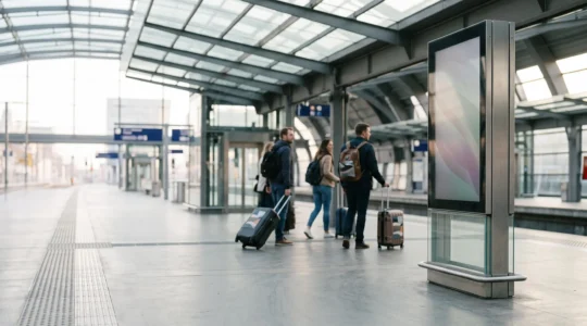 Borne digitale d'information voyageurs installée sur un quai de gare moderne, entourée de voyageurs en attente