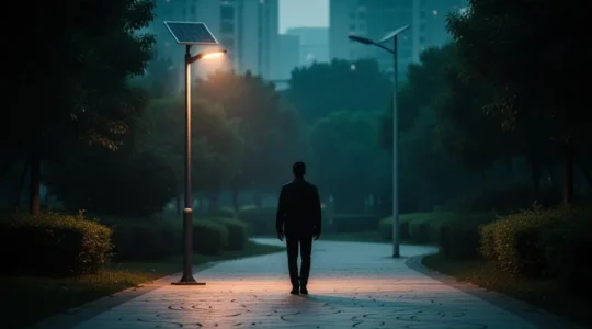 Candélabre solaire autonome éclairant un chemin urbain la nuit, sans tranchée ni raccordement visible