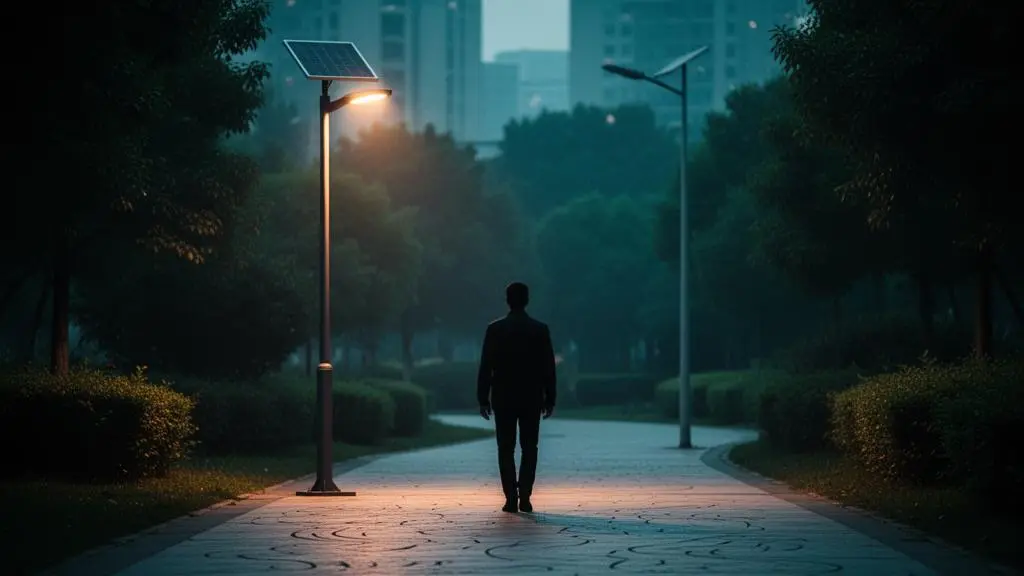 Candélabre solaire autonome éclairant un chemin urbain la nuit, sans tranchée ni raccordement visible
