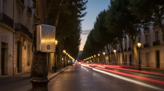 Vue d'ensemble d'une avenue urbaine au crépuscule avec un petit boîtier capteur discret fixé sur un mât d'éclairage, symbolisant la surveillance environnementale de la ville