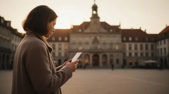 Un habitant consulte une application mobile dans l'espace public de sa ville pour interagir avec sa collectivite