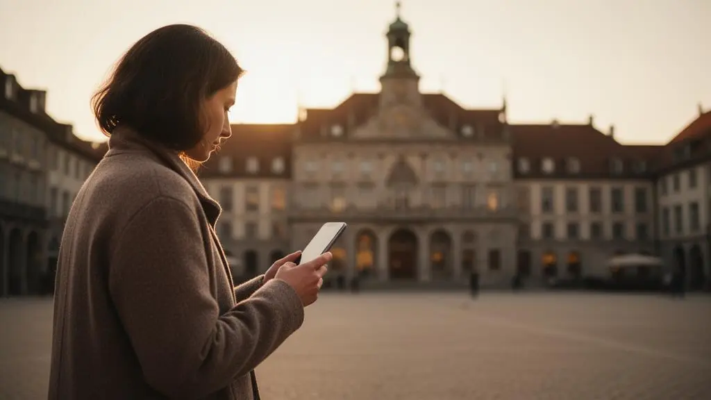 Un habitant consulte une application mobile dans l'espace public de sa ville pour interagir avec sa collectivite
