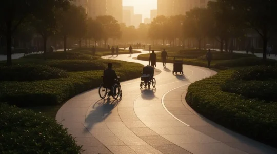 Aménagement urbain pensé dès la conception pour être accessible à tous, avec une pente douce intégrée au paysage
