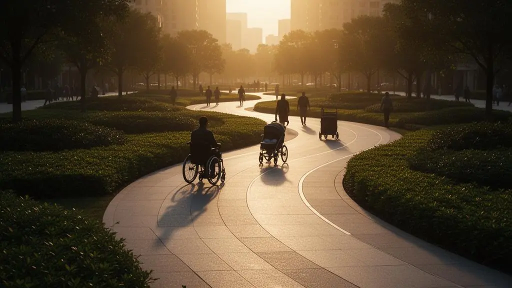 Aménagement urbain pensé dès la conception pour être accessible à tous, avec une pente douce intégrée au paysage