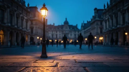 Place urbaine au crépuscule éclairée de façon douce et homogène, créant une atmosphère de confort visuel