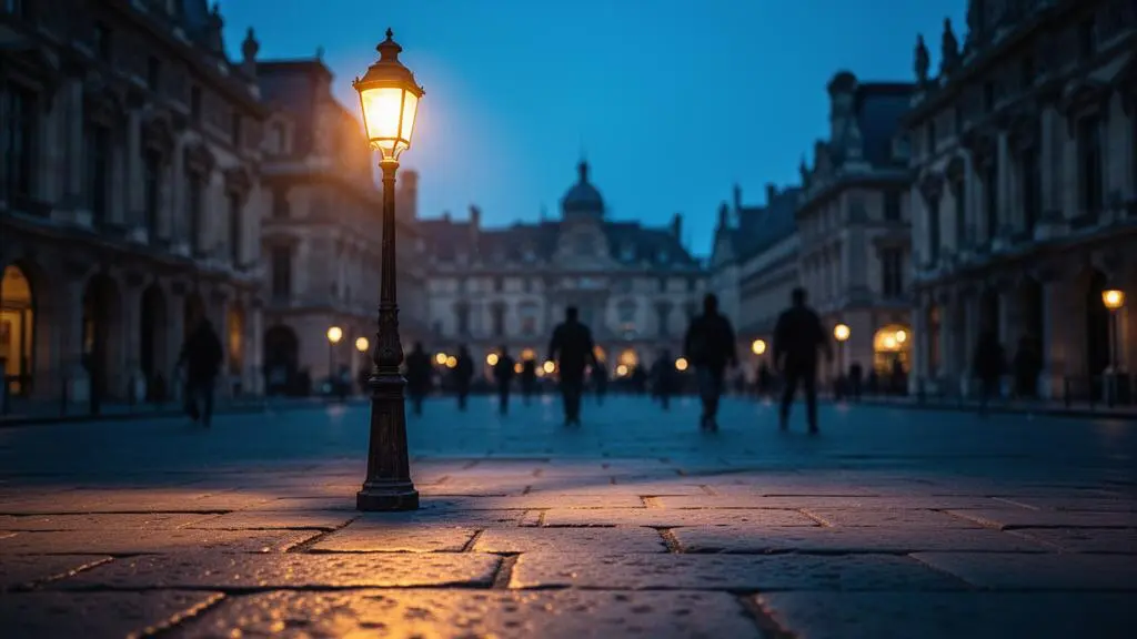 Place urbaine au crépuscule éclairée de façon douce et homogène, créant une atmosphère de confort visuel
