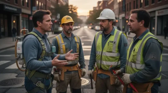 Agents de plusieurs services municipaux se coordonnant sur un chantier urbain