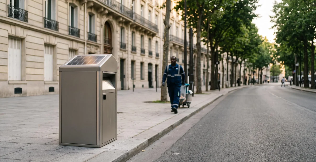 Corbeille compactrice solaire installée dans une rue urbaine propre, symbole de l'optimisation de la collecte des déchets