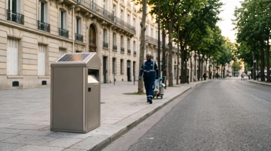 Corbeille compactrice solaire installée dans une rue urbaine propre, symbole de l'optimisation de la collecte des déchets