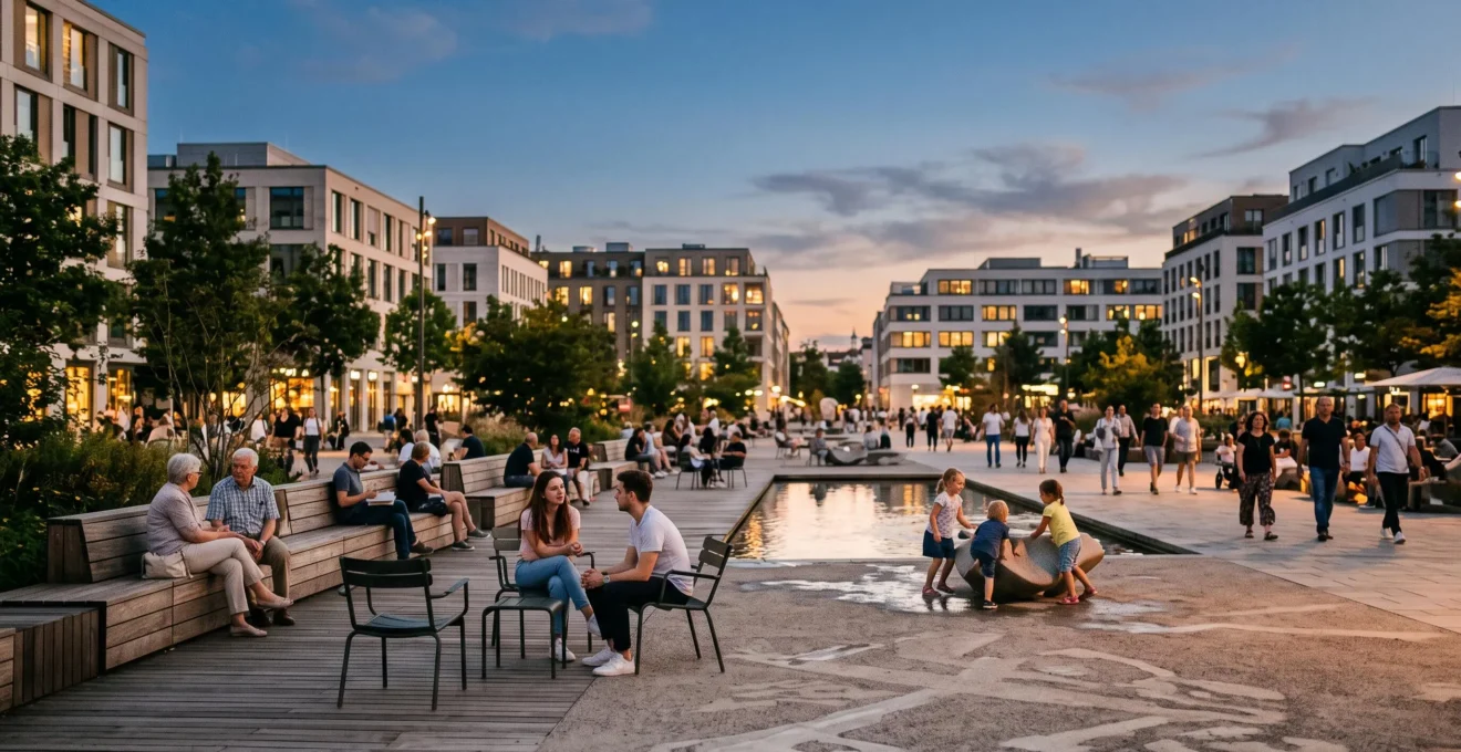 Place publique animée au crépuscule avec du mobilier urbain modulaire et des habitants de générations différentes profitant de l'espace