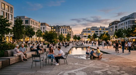 Place publique animée au crépuscule avec du mobilier urbain modulaire et des habitants de générations différentes profitant de l'espace