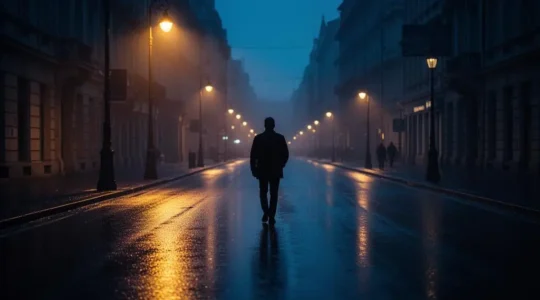 Piéton éclairé par un lampadaire connecté qui s'active grâce à la détection de présence dans une rue urbaine de nuit