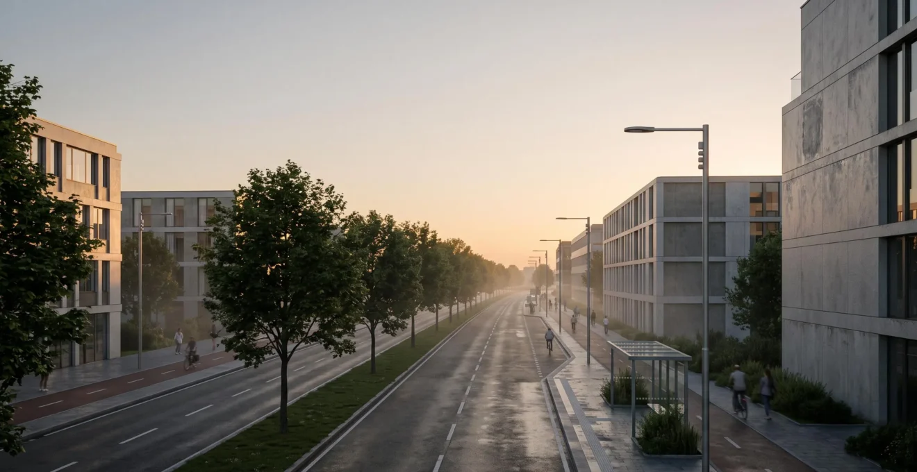 Vue d'ensemble d'une ville contemporaine où du mobilier urbain connecté s'intègre discrètement au paysage, symbolisant la donnée environnementale au service de la décision publique