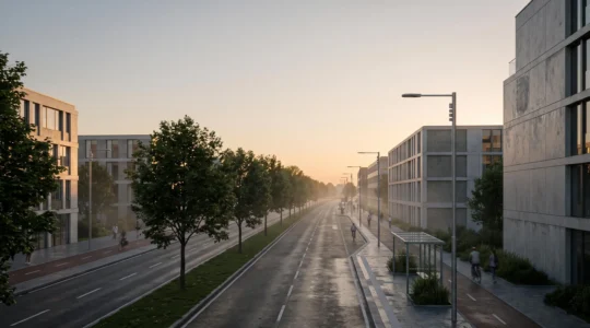 Vue d'ensemble d'une ville contemporaine où du mobilier urbain connecté s'intègre discrètement au paysage, symbolisant la donnée environnementale au service de la décision publique