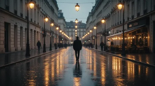 Rue urbaine nocturne baignée d'une lumière chaude et homogène, symbole de sécurité et de sérénité pour les passants