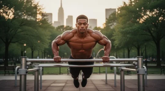 Athlete effectuant une traction sur des barres paralleles urbaines dans un parc au lever du soleil, illustrant un entrainement complet du corps