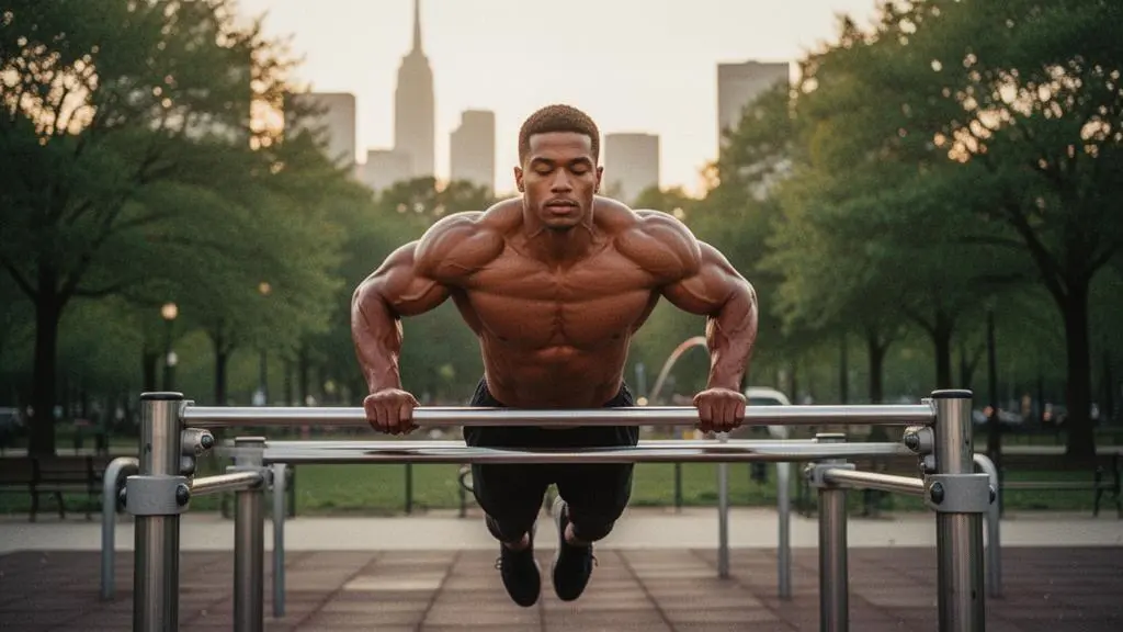 Athlete effectuant une traction sur des barres paralleles urbaines dans un parc au lever du soleil, illustrant un entrainement complet du corps