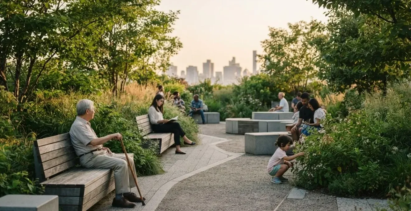 Espace de détente urbain végétalisé où plusieurs générations se reposent sereinement au milieu du mobilier urbain et de la verdure