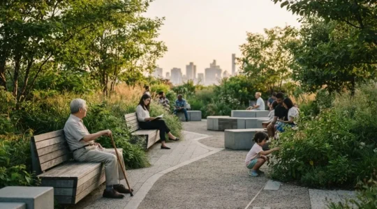 Espace de détente urbain végétalisé où plusieurs générations se reposent sereinement au milieu du mobilier urbain et de la verdure