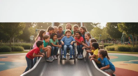 Enfants valides et enfants en situation de handicap jouant ensemble sur une aire de jeux inclusive, souriants et complices
