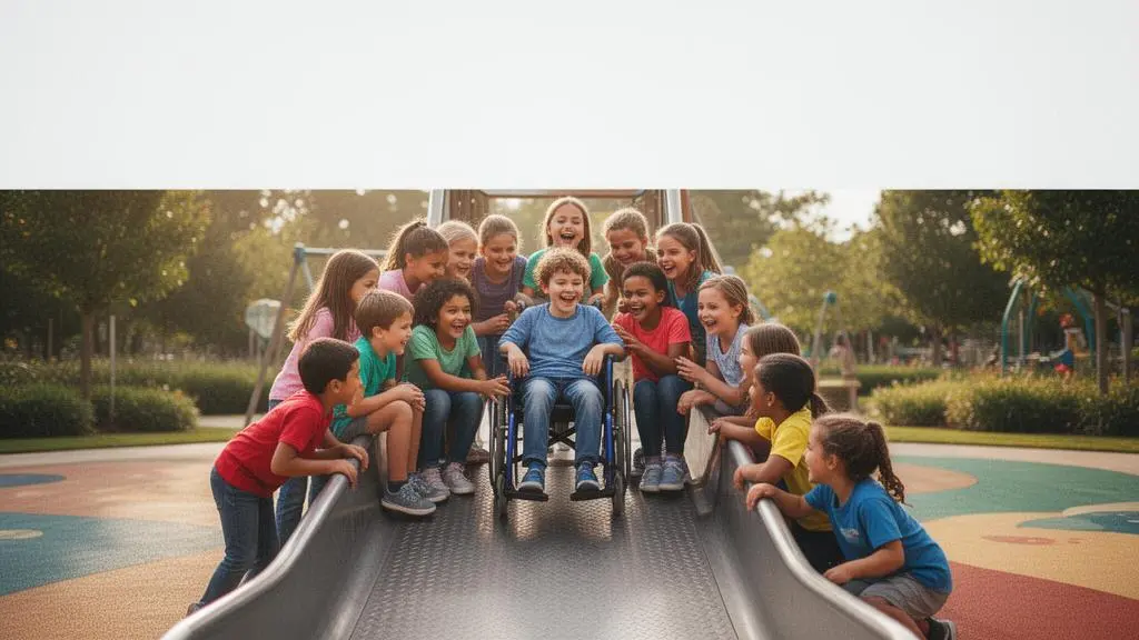 Enfants valides et enfants en situation de handicap jouant ensemble sur une aire de jeux inclusive, souriants et complices