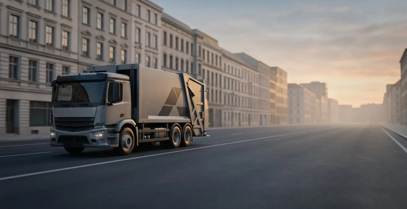 Camion de collecte des déchets circulant dans une rue urbaine épurée à l'aube, symbolisant l'optimisation des tournées