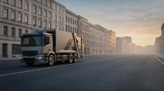 Camion de collecte des déchets circulant dans une rue urbaine épurée à l'aube, symbolisant l'optimisation des tournées
