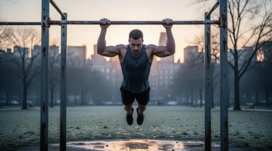 Silhouette athlétique suspendue à une barre de traction dans un parc urbain au lever du jour, illustrant la transformation du mobilier public en salle de musculation gratuite