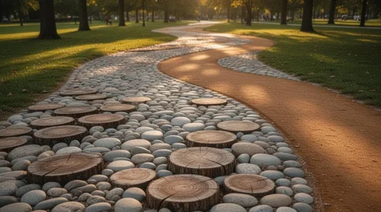 Un parcours sensoriel intergénérationnel dans un parc urbain, avec différentes textures de sol et modules d'équilibre accessibles à tous