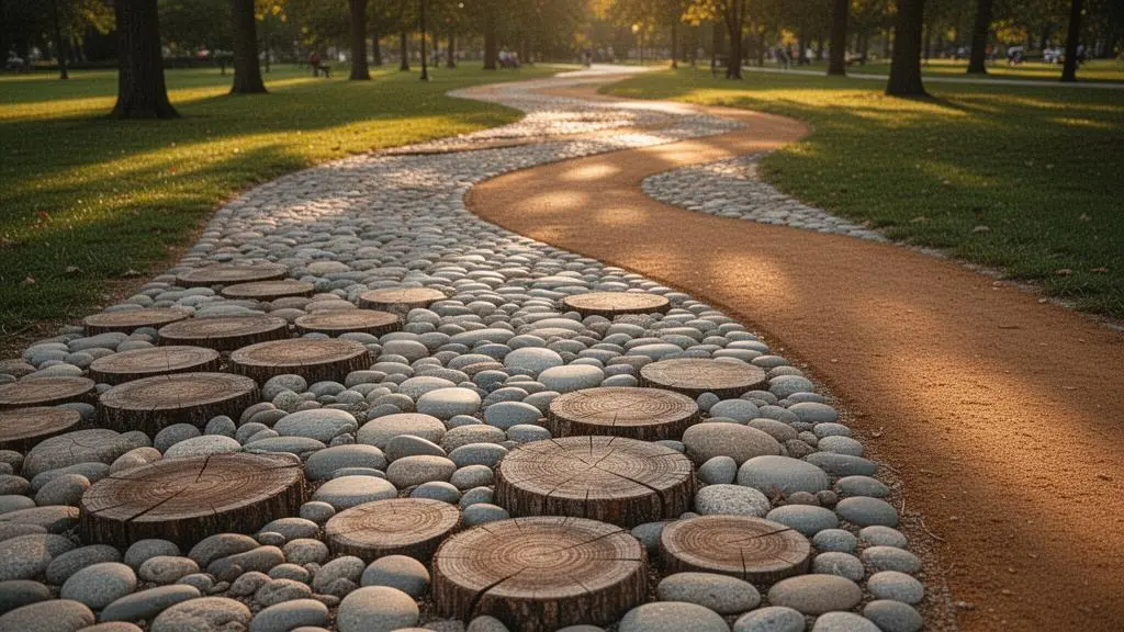 Un parcours sensoriel intergénérationnel dans un parc urbain, avec différentes textures de sol et modules d'équilibre accessibles à tous