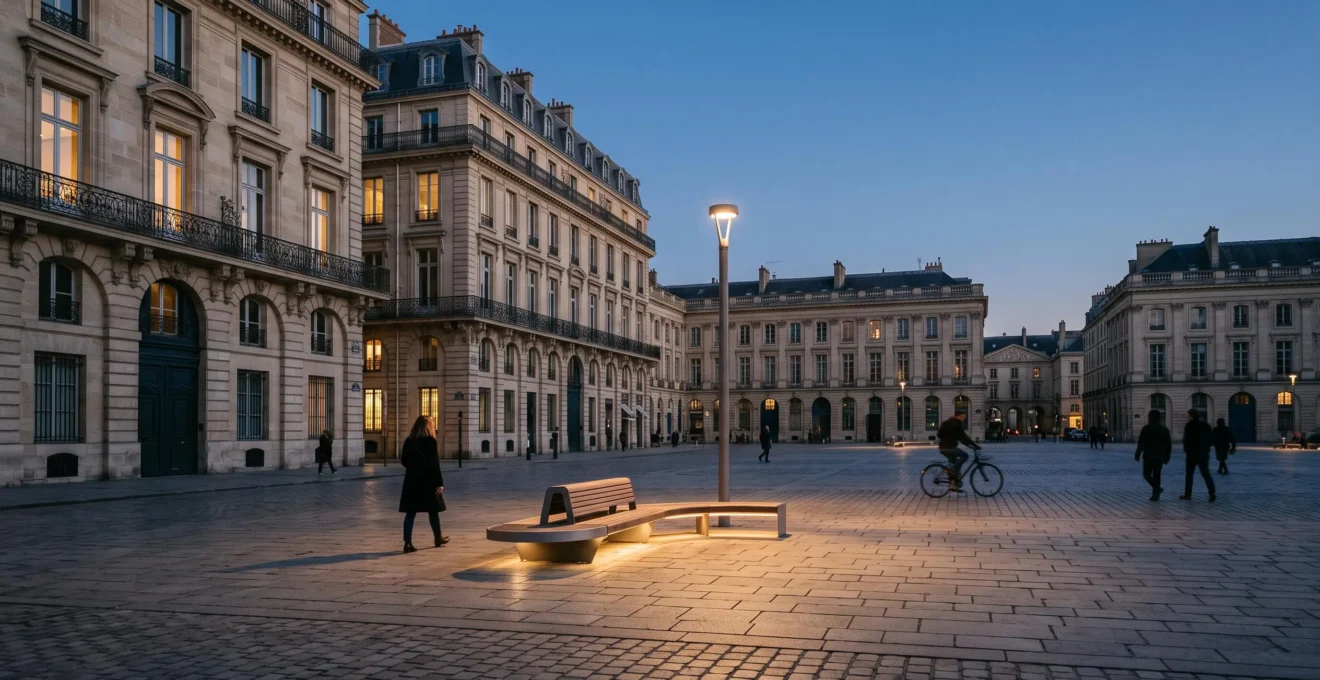 Vue d'ensemble d'une place publique française au crépuscule avec du mobilier urbain intelligent intégré discrètement dans l'architecture